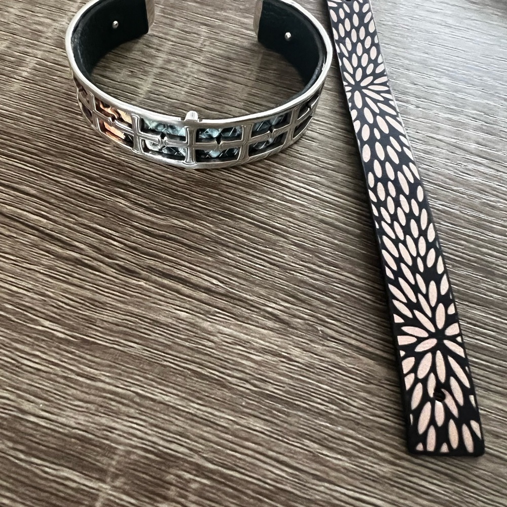 Brighton Silver Metal Cuff Bracelet with Black Leather Inlay.